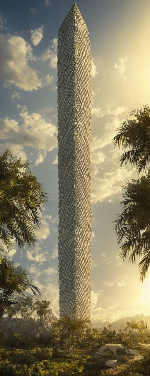 Image similar to photorealistic photo a contemporary babylon tower, golden details, sacred geometry architecture, cascading highrise, arid mountains with lush palm forest, sunlight, god rays, post - production, octane, cgi, sfx