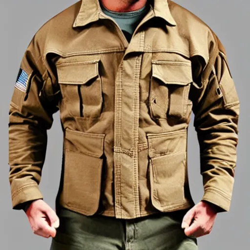 Prompt: cargo buckskin jacket buckskin tactical toolbelt pockets