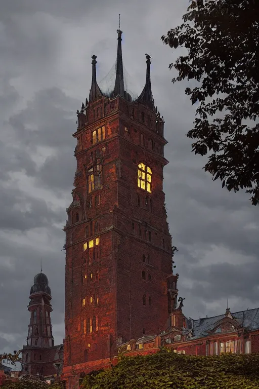 Image similar to view of the old tower and its gardens after a storm, tall windows lit up, beautiful ornamental architecture, dramatic cinematic lighting, rich colors, by Caspar David Friedrich and Diego Rivera, smooth, sharp focus, extremely detailed, featured on artstation