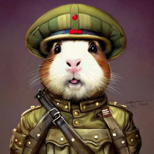 Image similar to cute little anthropomorphic Guinea Pig ww1 soldier, tiny, small, short, military outfit, cute and adorable, pretty, beautiful, DnD character art portrait, matte fantasy painting, DeviantArt Artstation, by Jason Felix by Steve Argyle by Tyler Jacobson by Peter Mohrbacher, cinema