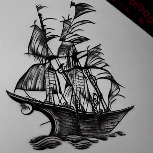 Image similar to A pirate ship tattoo design in the style of Dmitriy Samohin, hyper realistic tattoo