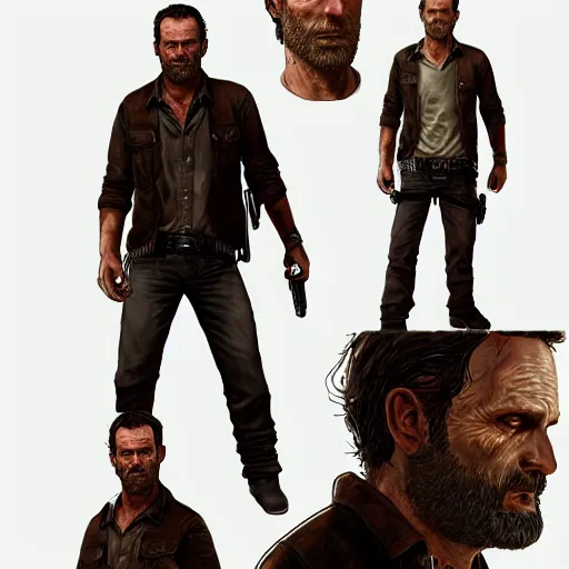 Image similar to character design sheet, rick grimes, the walking dead, fantasy, medieval, vivid colors, concept art, sharp focus, digital art, Hyper-realistic, 4K, Unreal Engine, Highly Detailed, HD, Dramatic Lighting by Brom, trending on Artstation