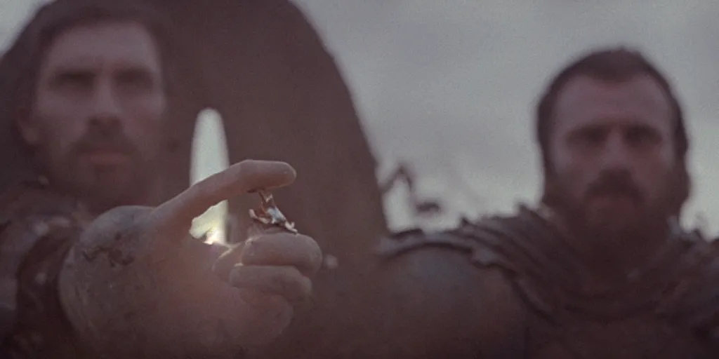 Image similar to film still of closeup a one knight stands on knee with a bloody heart in his outstretched hand by emmanuel lubezki