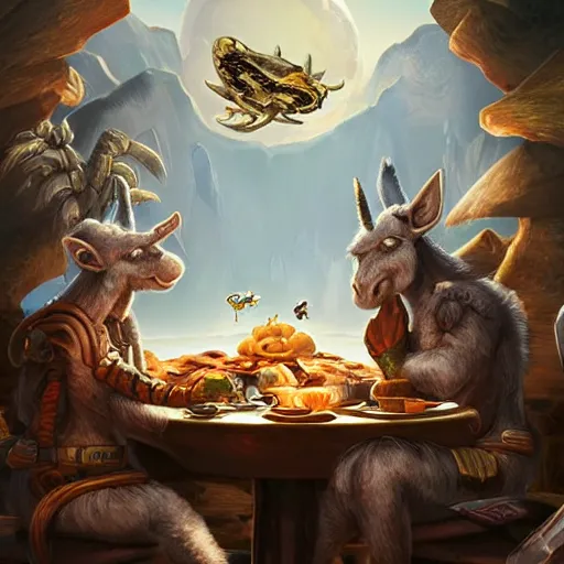 Prompt: ultrarealistic, ultradetailed, donkey eating breakfast, sitting on a futuristic table with aliens, at the end of the universe, very very very ultradetailed, epic fantasy style art, fantasy epic digital art, epic fantasy art, hearthstone style art