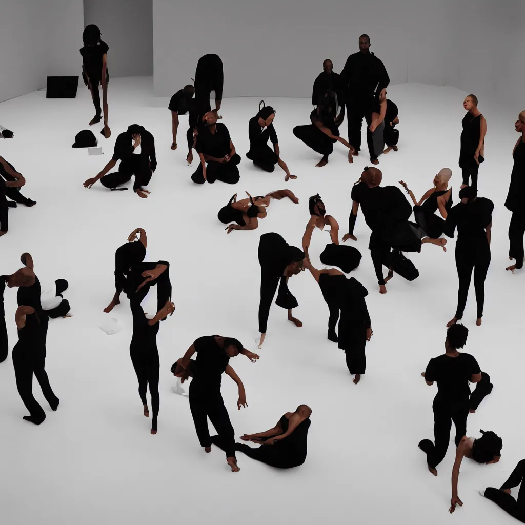 Image similar to a white space and a black subject contemporary art performance