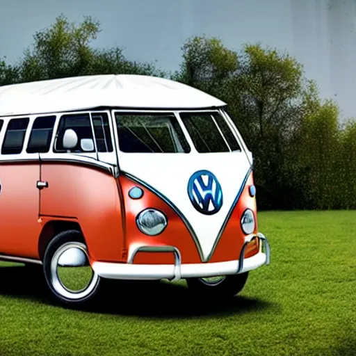 Prompt: a volkswagen type - 2 microbus as a pear on a trampoline, close - up of face, distorted