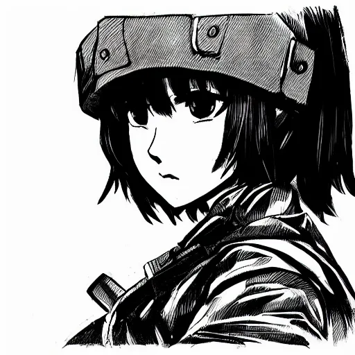 Prompt: manga style, black and white, intricate line art, portrait of a girl, shoulder eyes, trench and sandbags in background, soldier clothing, short hair, hair down, symmetrical facial features, round face, draw on paper, detailed drawing, by ito junji