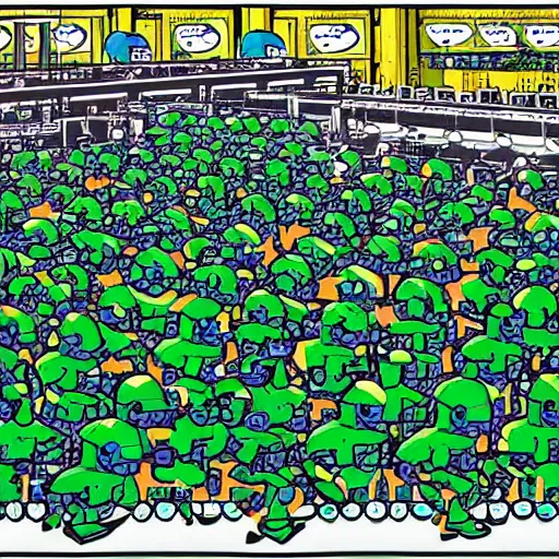 Prompt: an illustration of a plastic green army men manufacturing line, artwork by dan mumford, detailed linework, vibrant colors