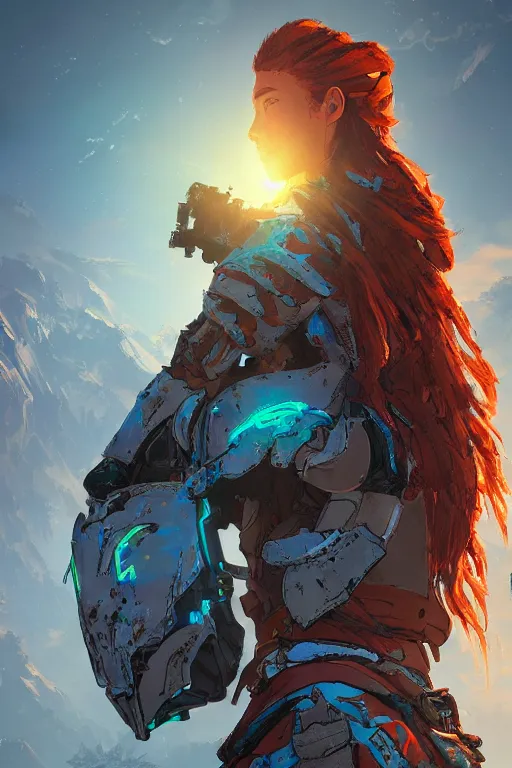 Image similar to combination suit armor aloy horizon forbidden west horizon zero dawn radiating a glowing aura global illumination ray tracing hdr fanart arstation by ian pesty and alena aenami artworks in 4 k tribal robot ninja mask helmet backpack