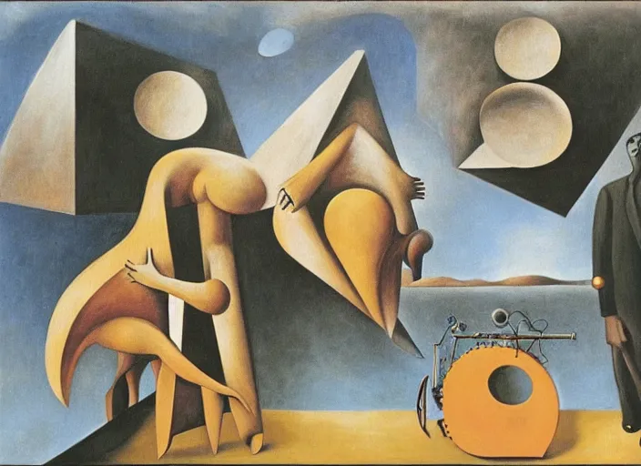 Image similar to singing strange machine by leonora carrington and rene magritte and salvadore dali