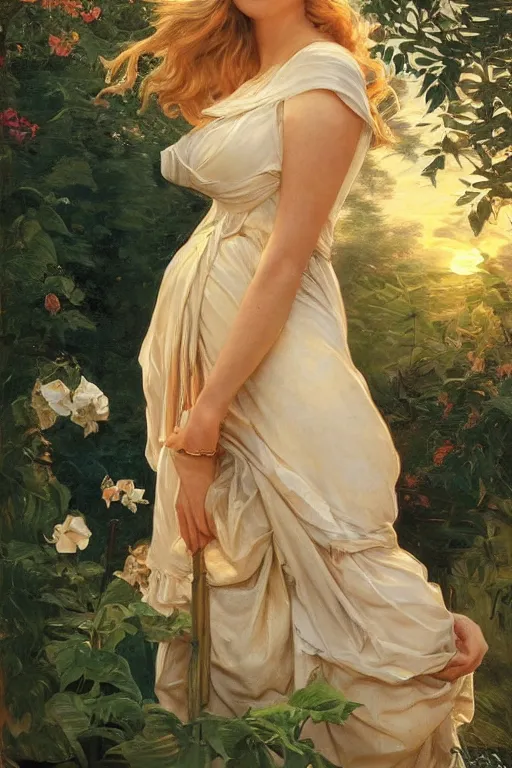 Image similar to Kate Upton, golden hour, in a garden, artstation, by J. C. Leyendecker and Peter Paul Rubens,