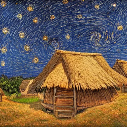 Image similar to Painting by Greg Rudkowski, A large ceramic jar with gold ornaments flies high in the starry night sky above small huts under thatched roofs