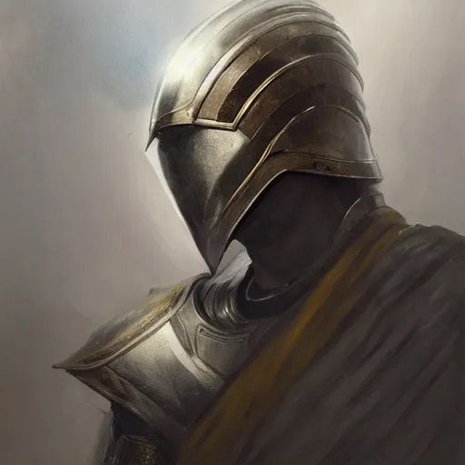 Prompt: man in decorated crusader armor, helmet and white cape drawn by greg rutkowski realistic high detail