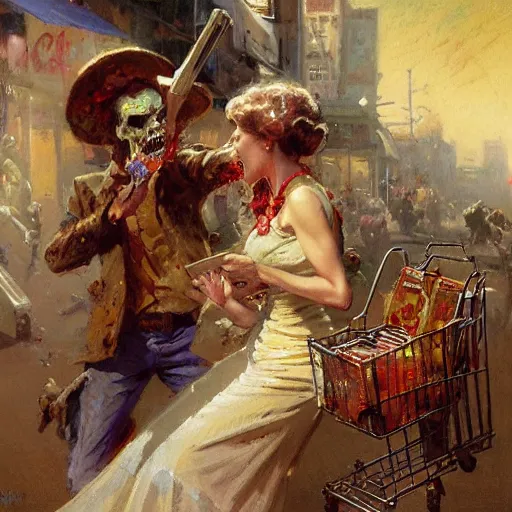 Image similar to a couple of zombies doing weekly shopping and arguing about the milk prices by by gaston bussiere, craig mullins, j. c. leyendecker