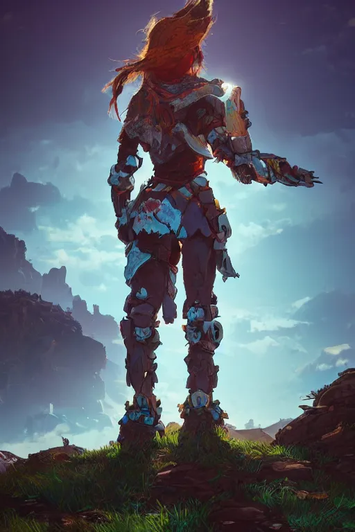 Image similar to combination suit armor aloy horizon forbidden west horizon zero dawn radiating a glowing aura global illumination ray tracing hdr fanart arstation by ian pesty and alena aenami artworks in 4 k tribal robot ninja mask helmet backpack