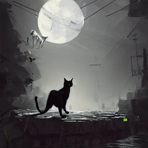 Image similar to a detailed matte painting of a black cat with white led eyes, by Ismail Inceoglu , concept art, featured on cgsociety