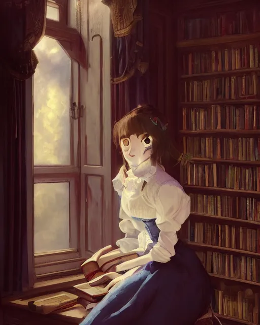 Prompt: a portrait of a victorian maid standing in a victorian reading room, window, bookshelf, holding a stack of books, vivid colors, soft lighting, atmospheric, cinematic, moody, in the style of Ilya Kuvshinov and Range Murata, Krenz Cushart, oil on canvas, anime, 8K