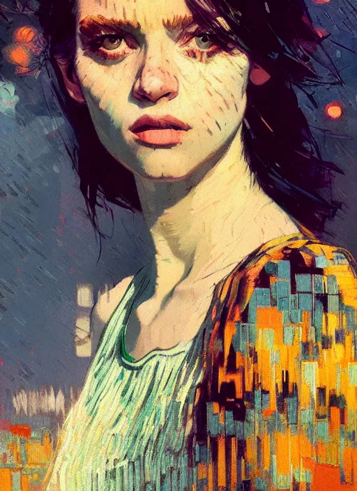 Image similar to portrait of a beautiful girl, new york backdrop, sad, sunset shades, beautiful face, rule of thirds, intricate outfit, spotlight, by greg rutkowski, by jeremy mann, by francoise nielly, by van gogh, digital painting