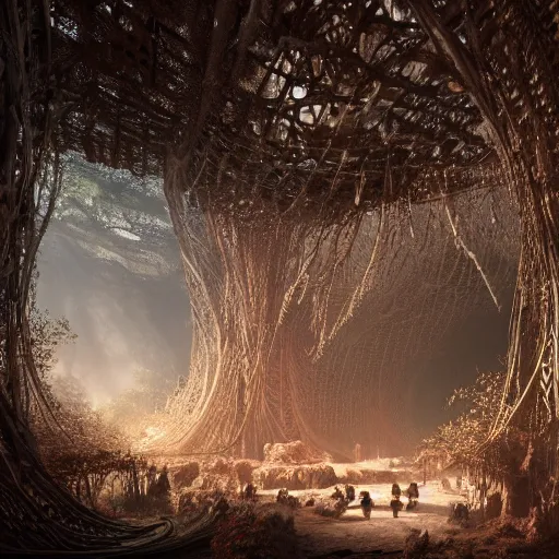 Image similar to biocomputer organs inside a bioneural antique lace in a biomechanical cave forest, epic environment, matte painting, diffused lighting, highly detailed cinematic, epic atmosphere, diffused lighting, highly detailed digital art, trending on artstation, depth of field, wide angle