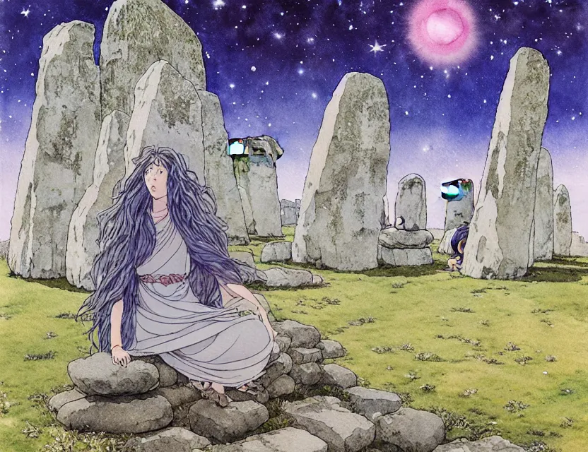 Image similar to a hyperrealist studio ghibli watercolor fantasy concept art of a giant long haired grey witch in lotus position sitting on top of the stones of stonehenge with a starry sky in the background. a ufo is in the sky. by rebecca guay, michael kaluta, charles vess