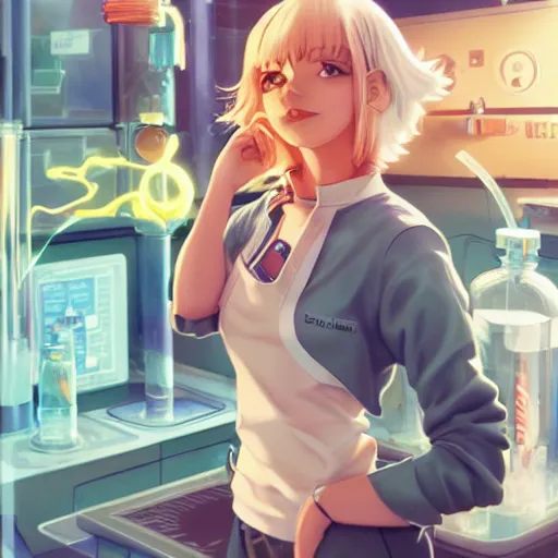 Image similar to British Pokemon original character with wild peach colored hair and heterochromia, Pixar style, beautiful woman, scientist, standing in a lab in front of a giant containment liquid filled tank, by Tristan Eaton Stanley Artgerm and Tom Bagshaw, Makoto Shinkai ilya kuvshinov and Wojtek Fus