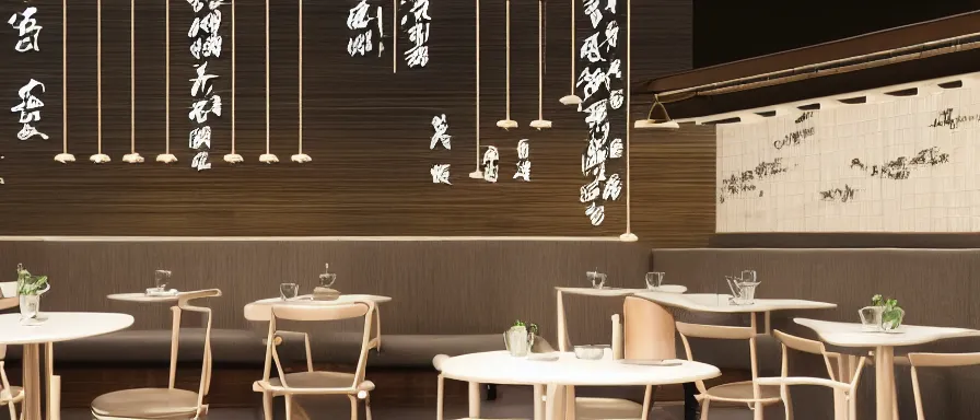 Image similar to a beautiful simple interior 4 k hd wallpaper illustration of small roasted string hotpot restaurant restaurant yan'an, wall corner, from china, wallpaper with tower mountains, rectangle white porcelain table, black chair, fine simple delicate structure, chinese style, simple style structure decoration design, victo ngai, 4 k hd