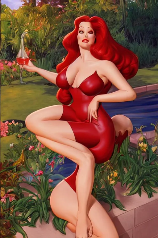 Prompt: Jessica Rabbit, by a pool, golden hour, in a garden, artstation, by J. C. Leyendecker and Peter Paul Rubens,