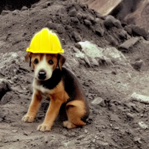 Prompt: puppy working in a dusty coal mine, wearing hard hat, fog, photo from 1 9 9 8,