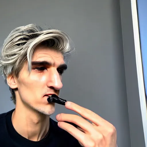 Prompt: a closeup photo of handsome gigachad xqc smoking