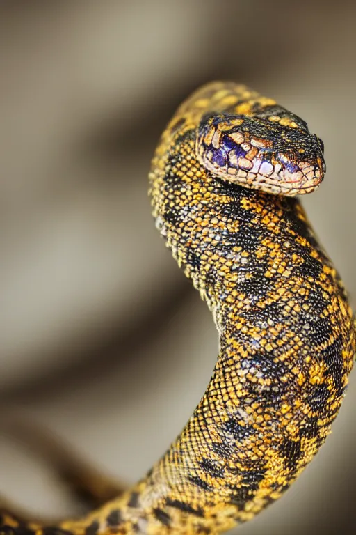 Prompt: a macro photo of a smol snek at the camera, dynamic pose, close - up, intricate details, intricately detailed scales, intricate textures, warm lighting, vivid colors, smoke and mist, realistic octane render, hyper realistic render, volumetric shading, depth of field, raytracing, 8 k,