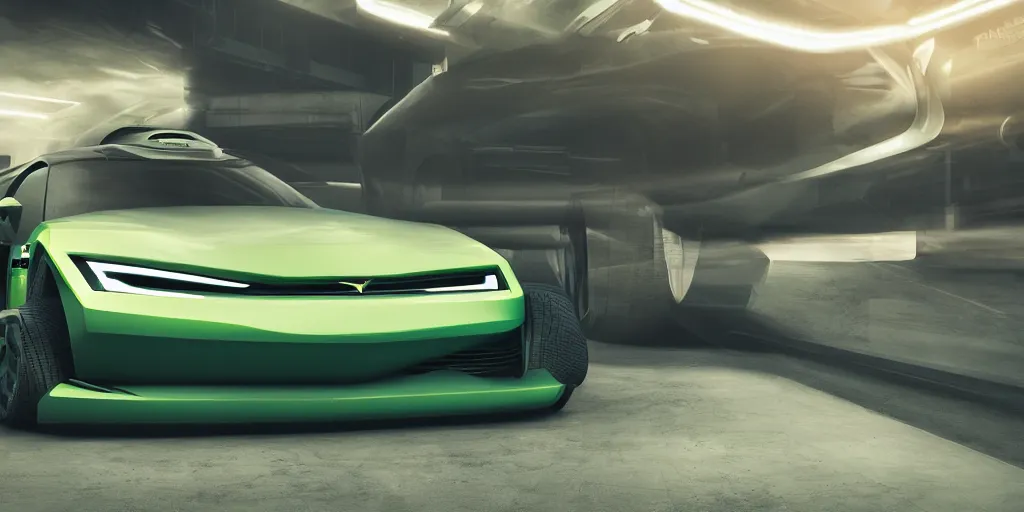 Image similar to a design of a futuristic race car, lifted off-road tires, designed by Polestar and DMC, vaporwave sunrise background, brushed green copper car paint, black windows, dark show room, dramatic lighting, hyper realistic render, depth of field