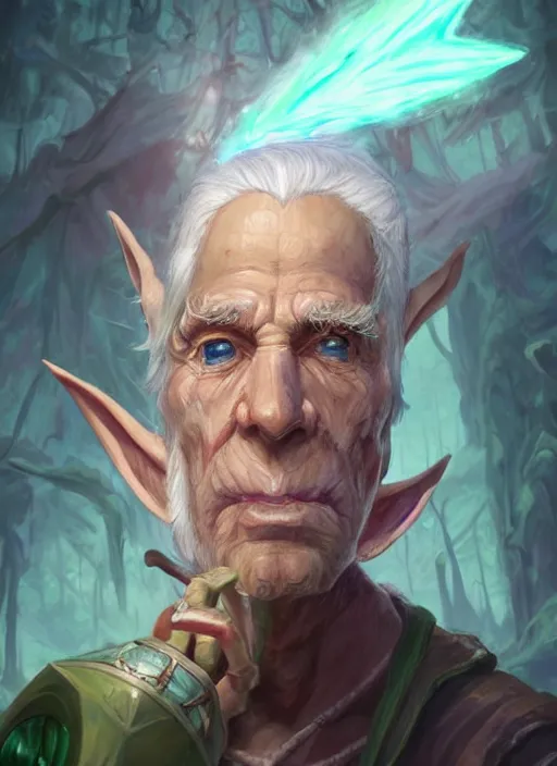 Image similar to old male wood elf hermit, has short straight white hair and green eyes, rough pink skin, lean build, triangular cute face, wears a fancy hat, dnd character art portrait, matte fantasy painting, deviantart artstation, by jason felix by steve argyle by tyler jacobson by peter mohrbacher, cinematic lighting