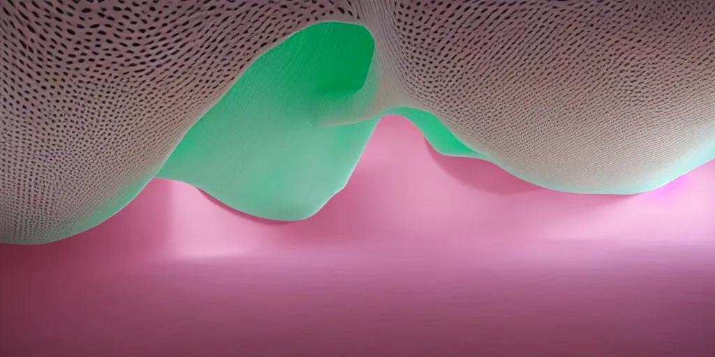 Image similar to soft biomorphic tactile structures by ernesto neto, light - mint with light - pink color, 4 k, insanely quality, highly detailed,