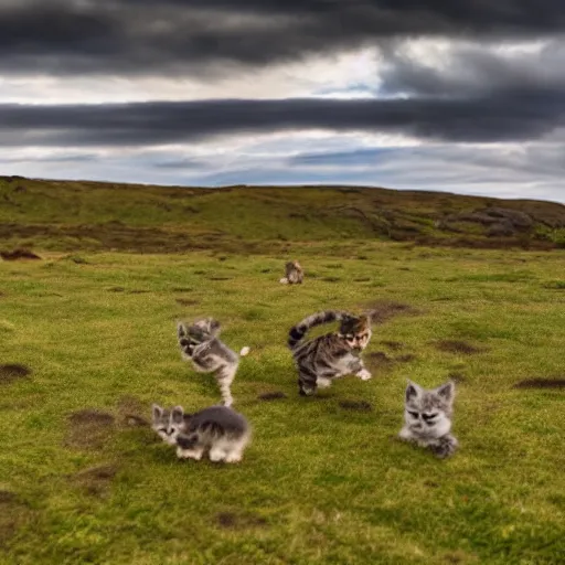 Prompt: a picture of kittens walking on a landscape in iceland