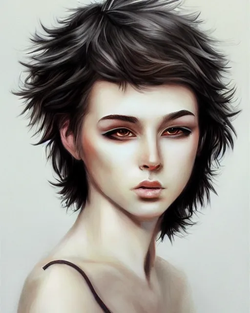 Prompt: portrait painting of an androgynous 2 2 year old with short dark curly hair and pale skin, dark eyeliner, artgerm, deviantart, artstation