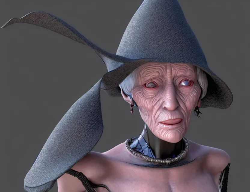 Prompt: cinematic bust portrait of robo face granny cyborg body, witch's hat on head, by jean giraud, trending artstaition, 3 d, unreal engine