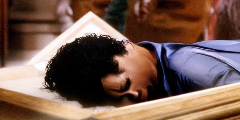 Image similar to photo still of michael jackson unconscious inside a coffin, full-shot, 4k