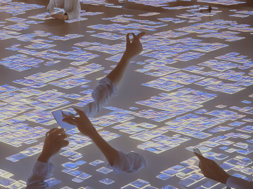 Prompt: by james turrell : pov candid photo of my hands reading floating pdfs at my floating futuristic ios hologram desk, stacks and rows of active organized knolled calendar cubbies during sunrise in a cozy open - air design studio by alphonse mucha, brilliant daylight vr os ux, leica a 2 4 8 k still