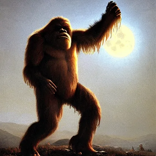 Image similar to UHD photorealistic Bigfoot playing electric guitar under a full moon, by Greg Rutkowski and Albert Bierstadt