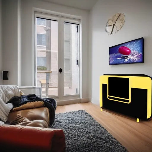 Image similar to hyper realistic livinig room with a toaster instead of a tv