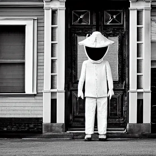 Image similar to the Babadook standing across the street, photograph, black and white