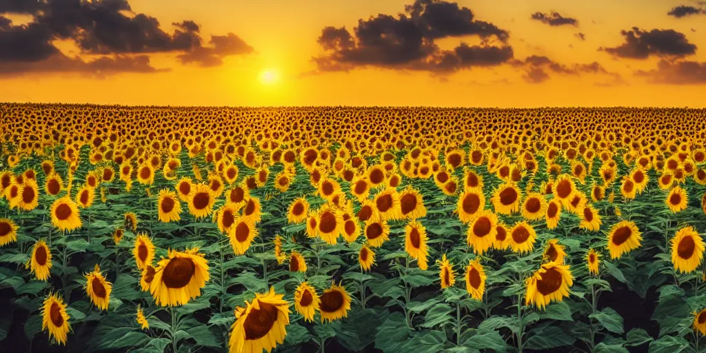 Prompt: a beautiful landscape photo of sunflowers, cinematic atmospheric golden hour