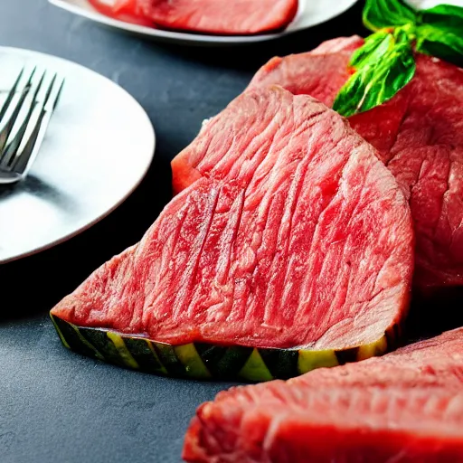 Image similar to beef steak watermelon, freshly sliced