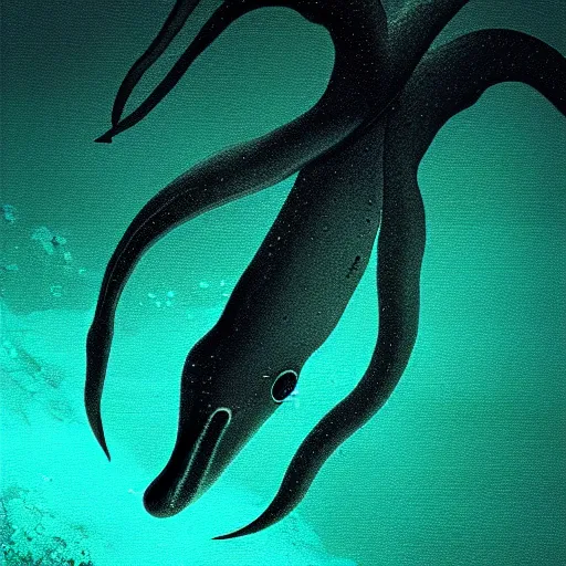 Image similar to michael phelps swimming away from a turquoise squid in the pacific ocean, closeup, portrait, moonlit, dark, ominous, illustration, volumetric light, highly detailed