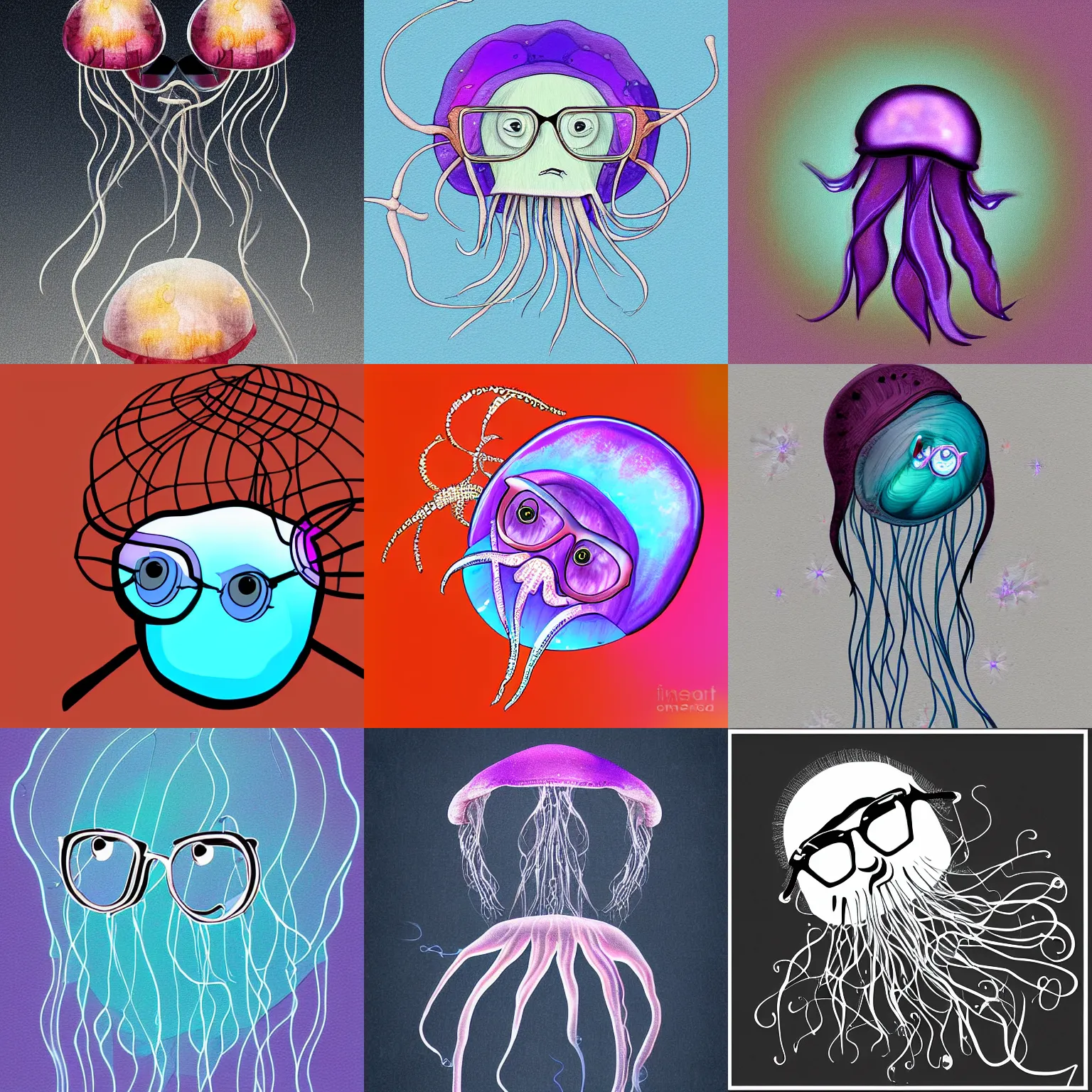 Prompt: a jellyfish wearing glasses, rimless frames, digital art