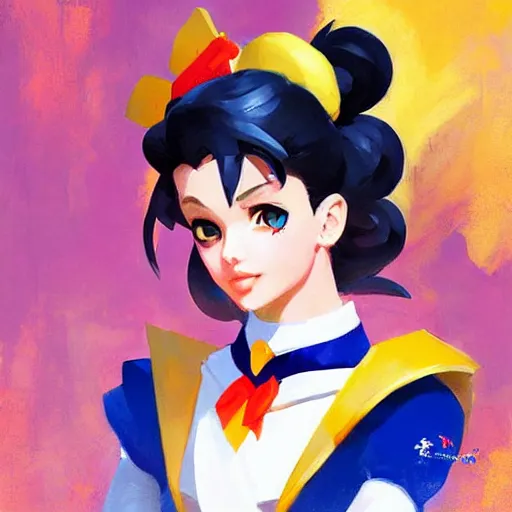 Image similar to greg manchess portrait painting of sailor moon as overwatch character, medium shot, asymmetrical, profile picture, organic painting, sunny day, matte painting, bold shapes, hard edges, street art, trending on artstation, by huang guangjian and gil elvgren and sachin teng