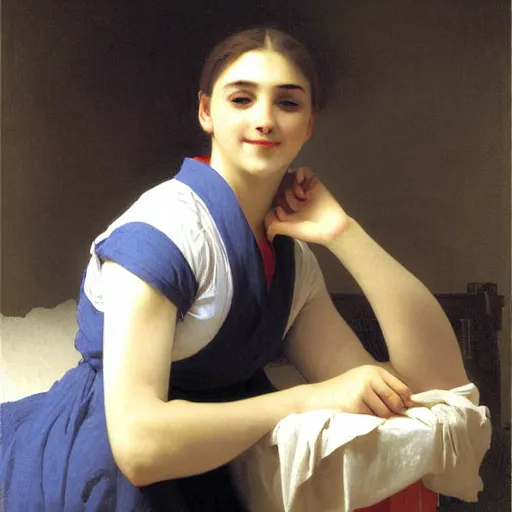 Prompt: painting of a man ironing his collar shirt placed on a bed. smiling. happy. cheerful. art by william adolphe bouguereau. extremely detailed. beautiful. 8 k. award winning.