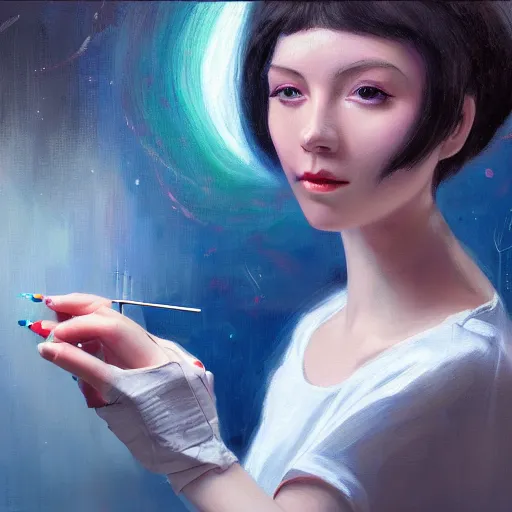 Image similar to a portrait of female young robotic ai artist painting onto a canvas, trending on art station, cosmic, beautiful, by wlop