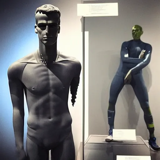 Image similar to “ a realistic detailed photo of a guy who is an attractive humanoid who is half robot and half humanoid, who is a male android, soccer player antoine griezmann, shiny skin, posing like a statue, blank stare, at the museum, on display ”