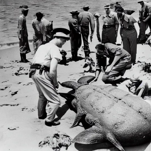 Image similar to 1940s photo, long shot, soldiers examine a huge creature washed up on a beach.